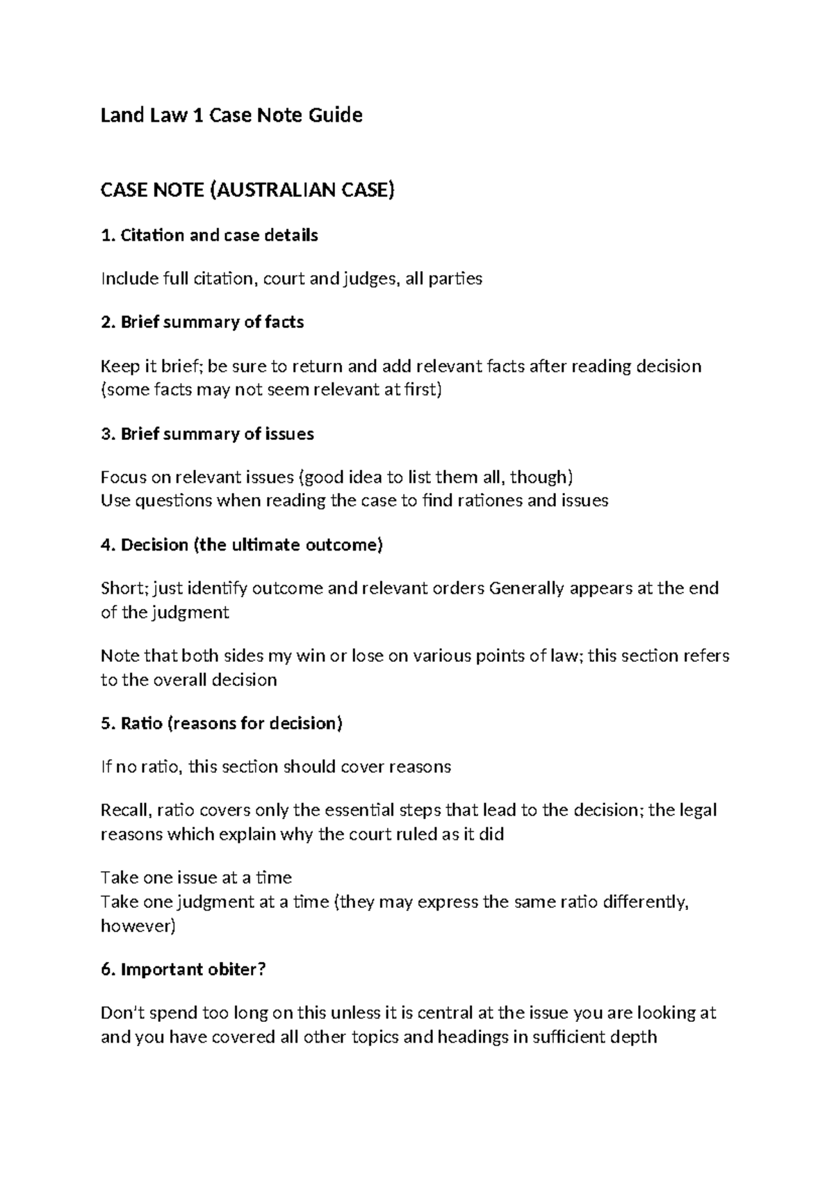 Land Law 1 Case Note Guide - Land Law 1 Case Note Guide CASE NOTE ...