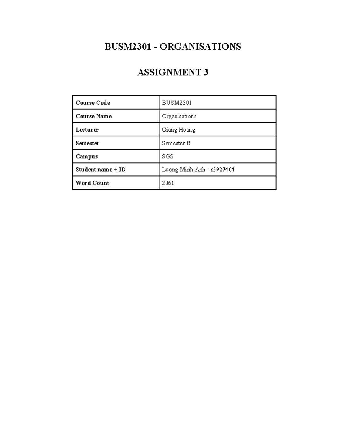 Organisations As3 - BUSM2301 - ORGANISATIONS ASSIGNMENT 3 Course Code ...