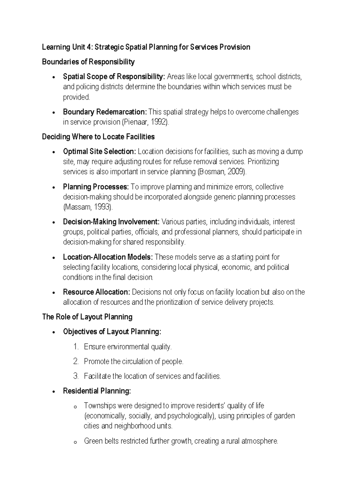 Learning Unit 4: Strategic Spatial Planning for Service Provision - Studocu