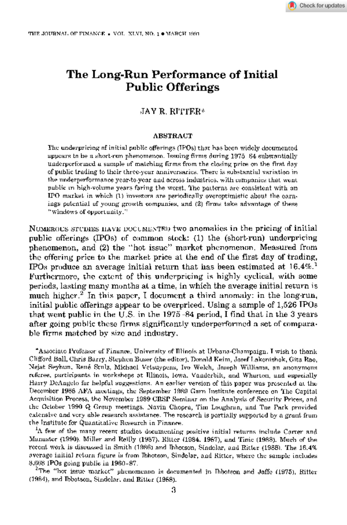 The Long‐Run Performance of initial Public Offerings - THE JOURNAL OF ...
