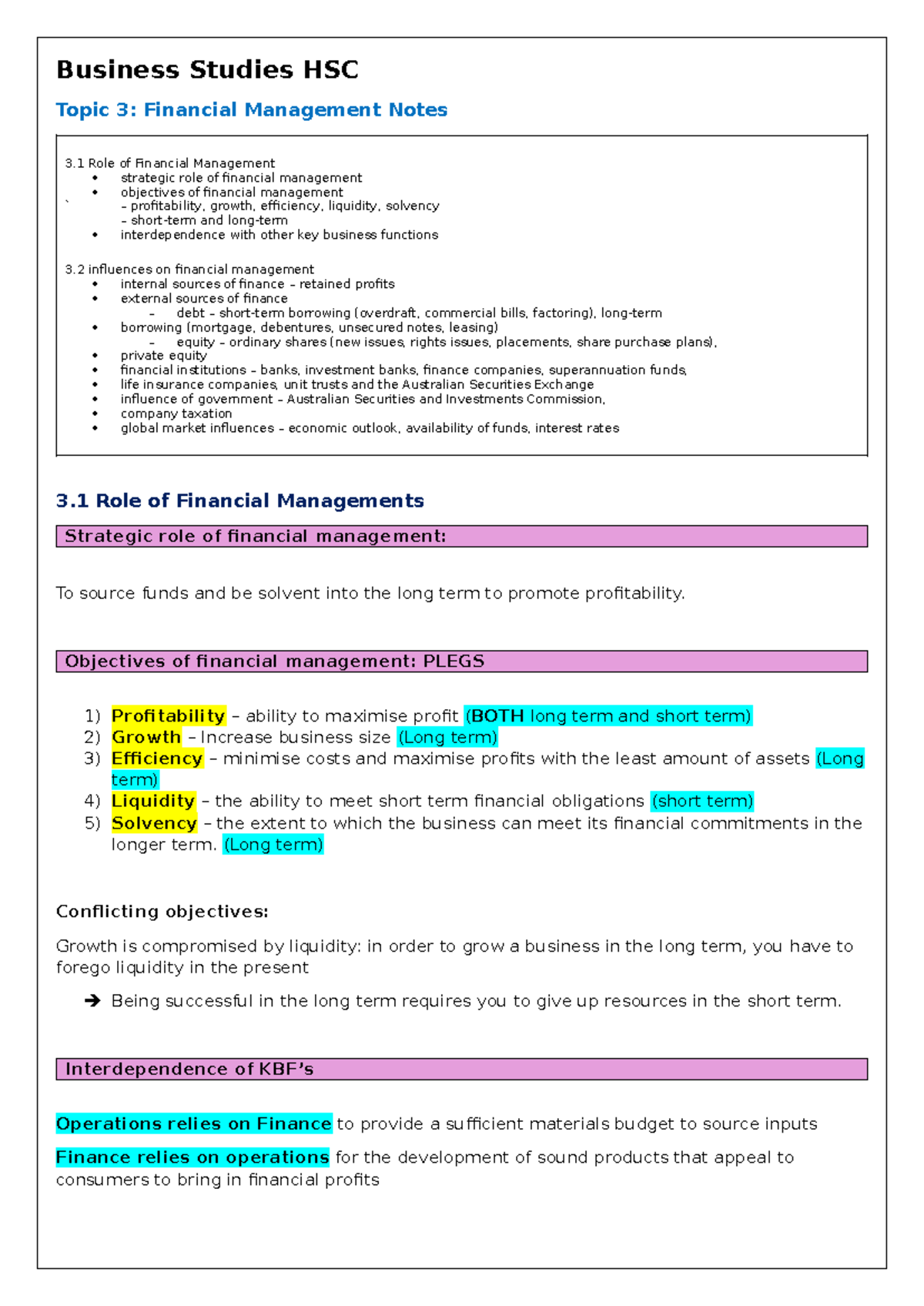 Business Studies HSC Topic 3: Financial Management Notes - Studocu