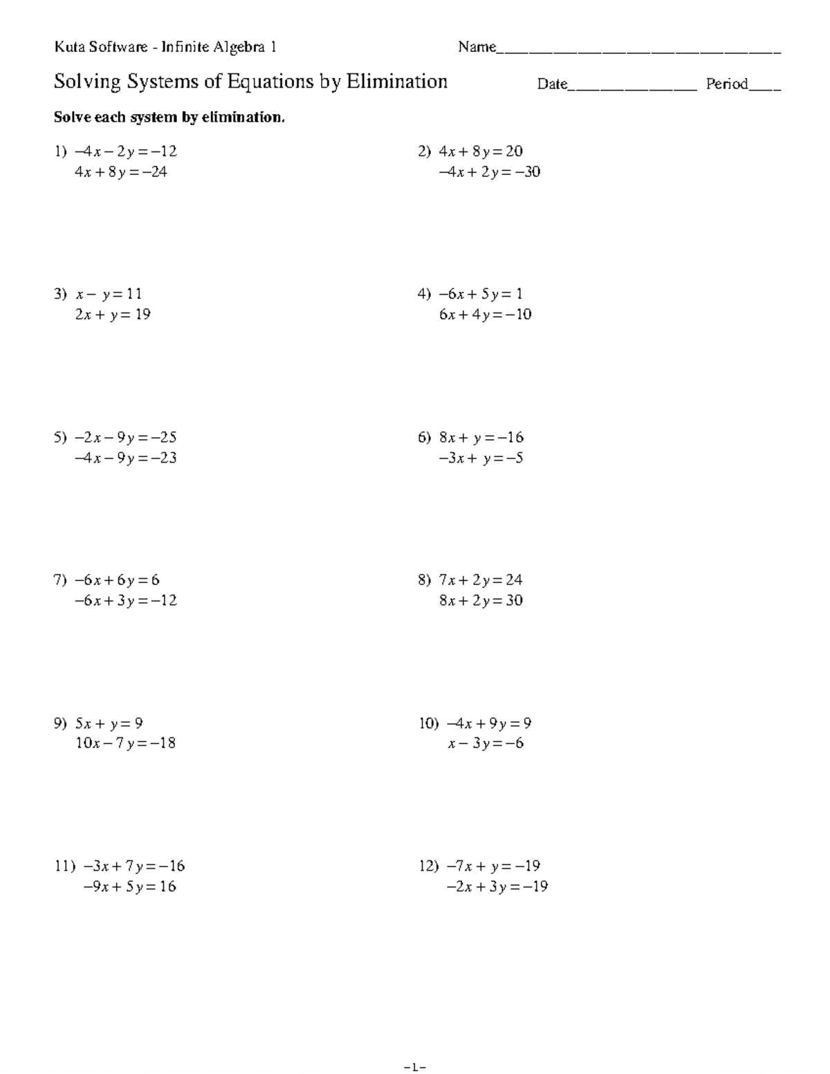Kuta Software - Infinite Algebra 1: Systems of Equations by Elimination ...