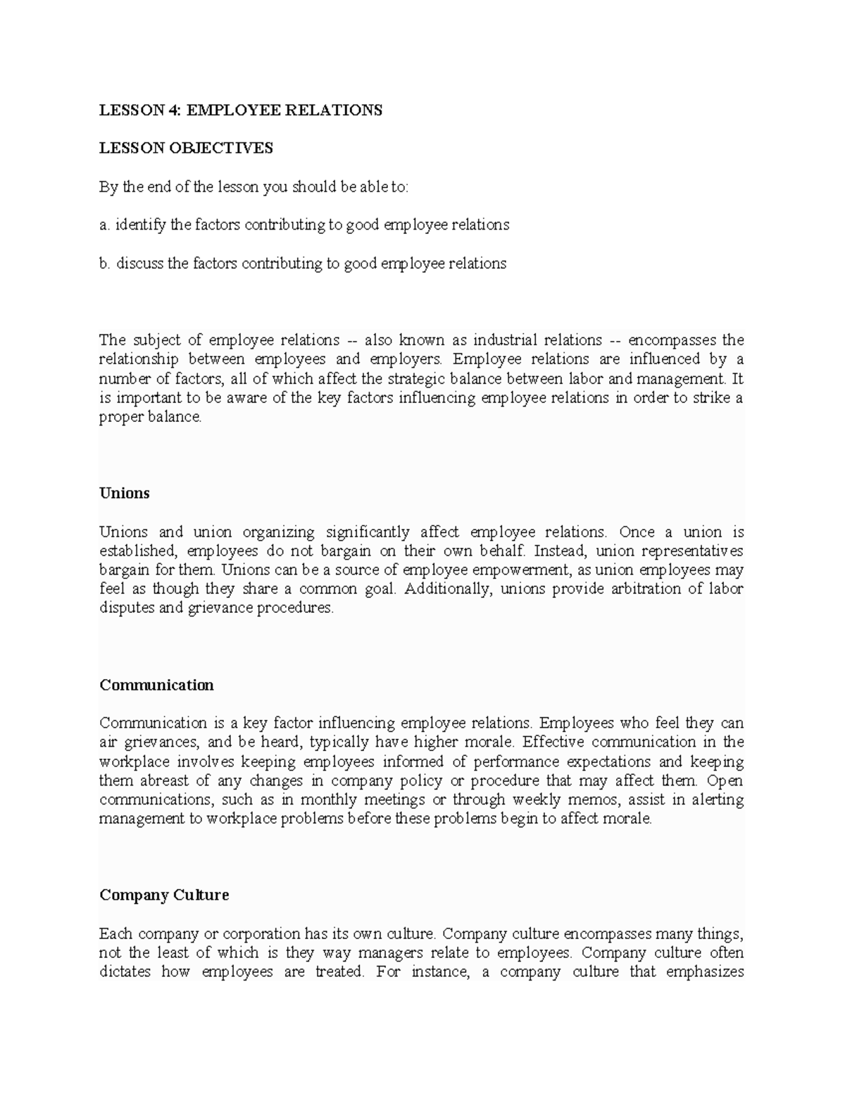 LESSON 4: EMPLOYEE RELATIONS - KEY FACTORS AND STRATEGIES - Studocu