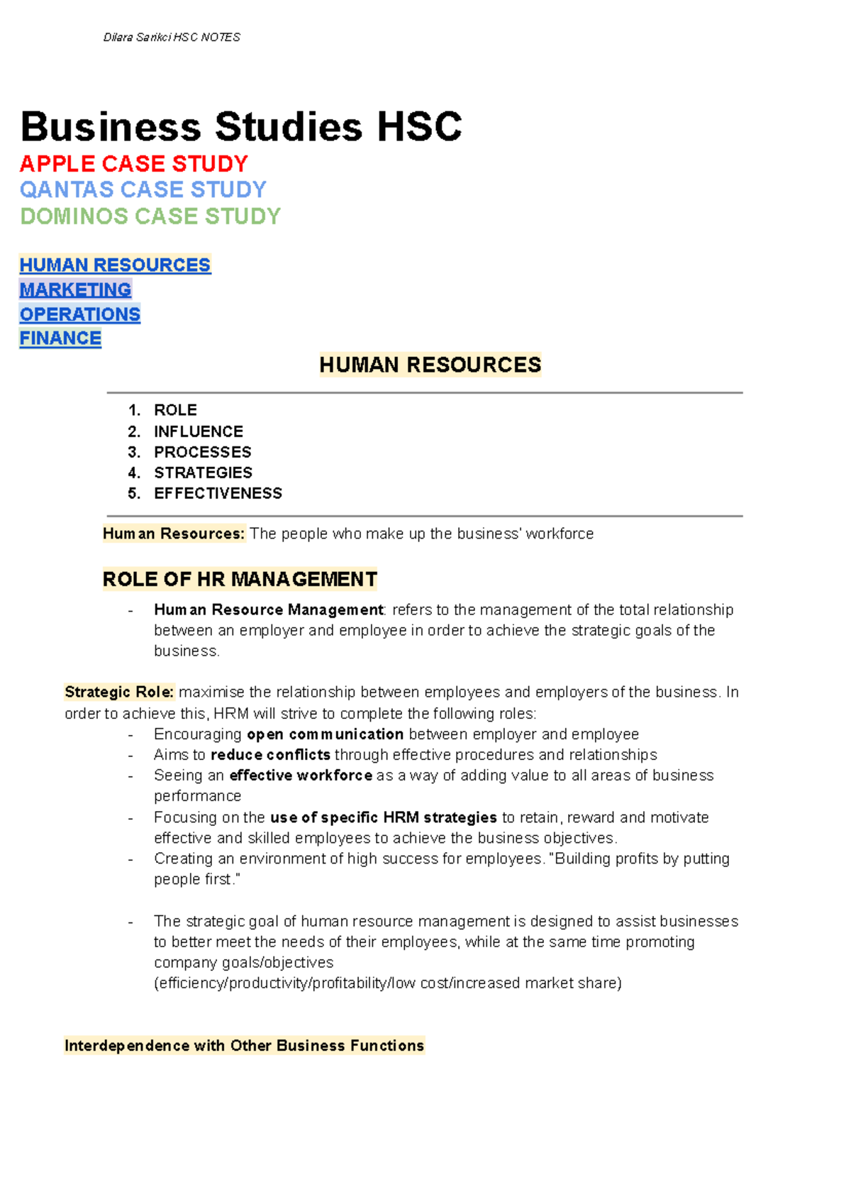 Business Studies HSC: Comprehensive Human Resources Notes - Studocu