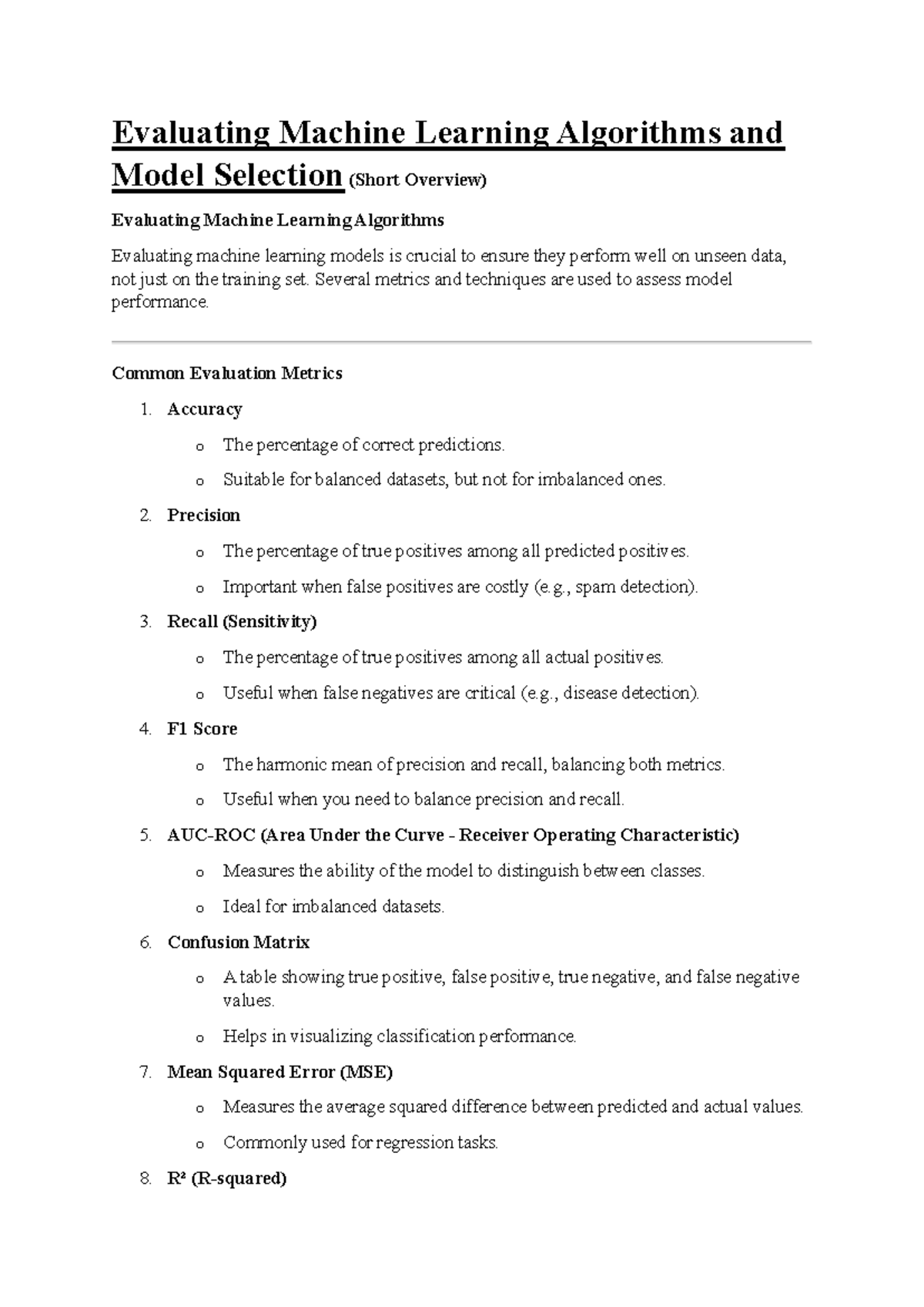 Ilide - desc - Evaluating Machine Learning Algorithms and Model Selection  (Short Overview) - Studocu