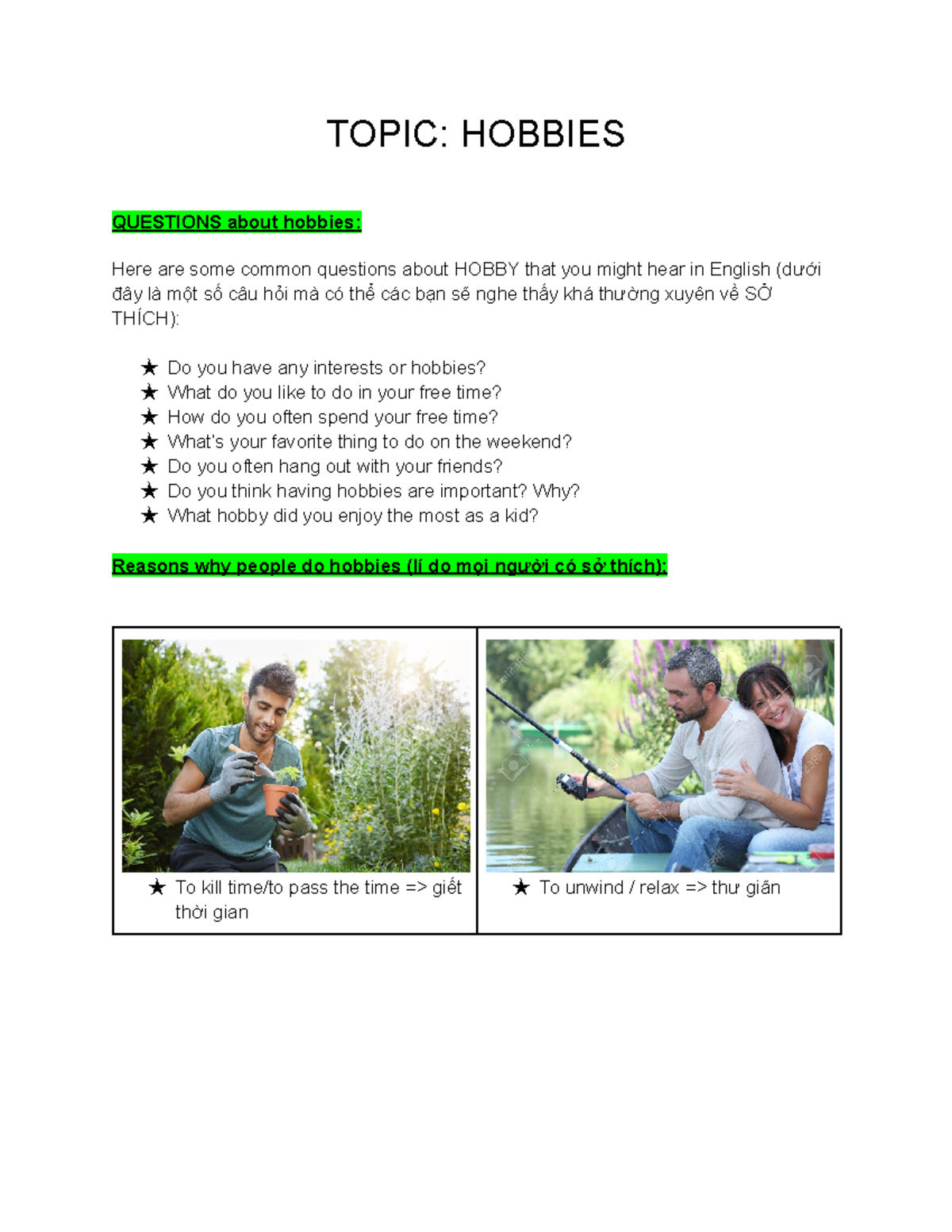 TỪ VỰNG THIẾT YẾU - TOPIC: HOBBIES QUESTIONS about hobbies: Here are ...