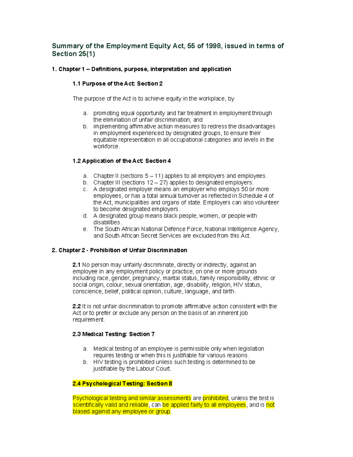 Summary of the Employment Equity Act, 55 of 1998: Key Provisions - Studocu