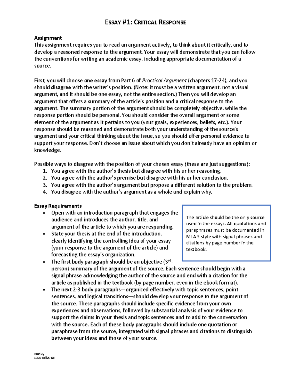 Critical Response Essay Guidelines: Bradley 1301-Fall25-DE - Studocu
