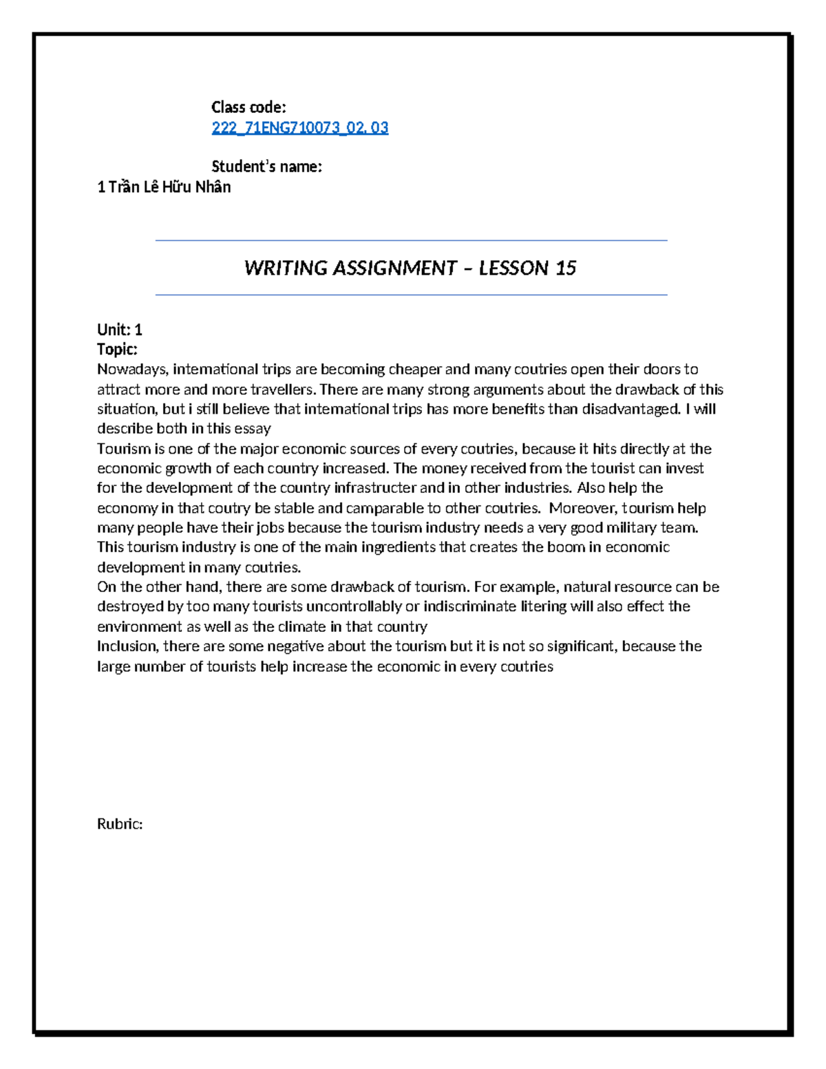 AVTC 7- Writing 1 - lesson 15 - Class code: 222_71ENG710073_02, 03 ...
