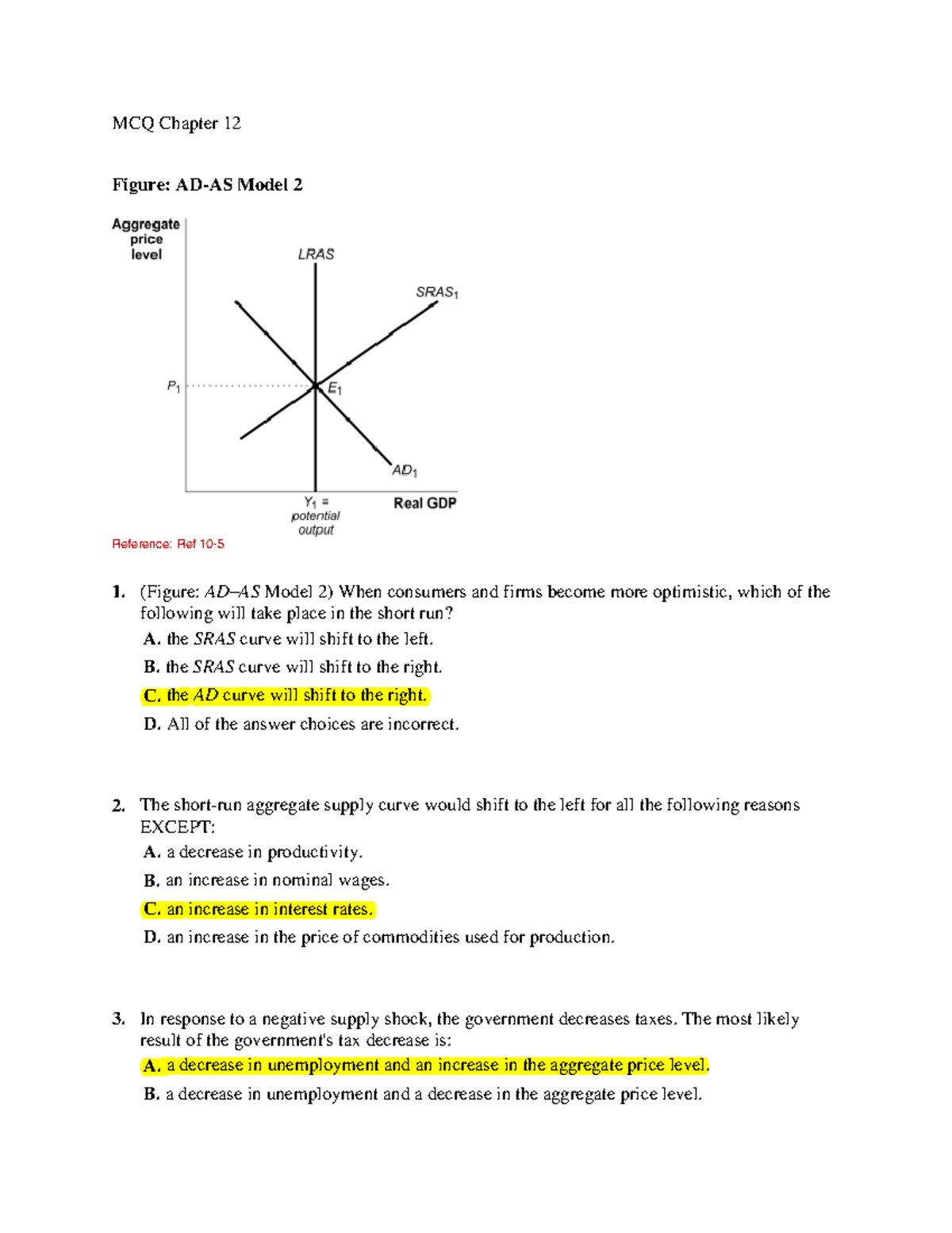MCQ Chapter 12 - Aggregate Demand and Supply Questions - Studocu