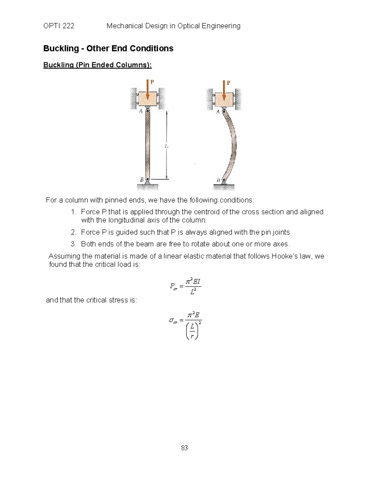 OPTI Mechanical Design: Buckling Analysis of Columns with Various End ...
