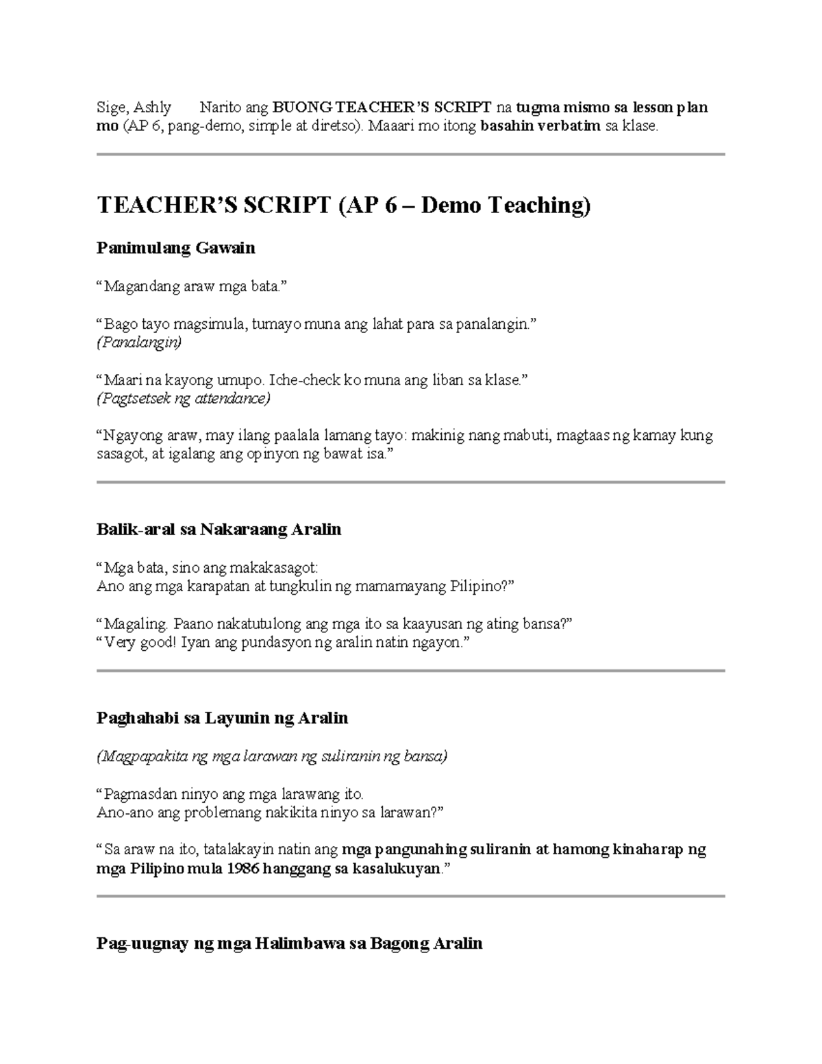 AP 6 Demo Teaching Script: Pagtalakay sa Suliranin ng Bansa - Studocu