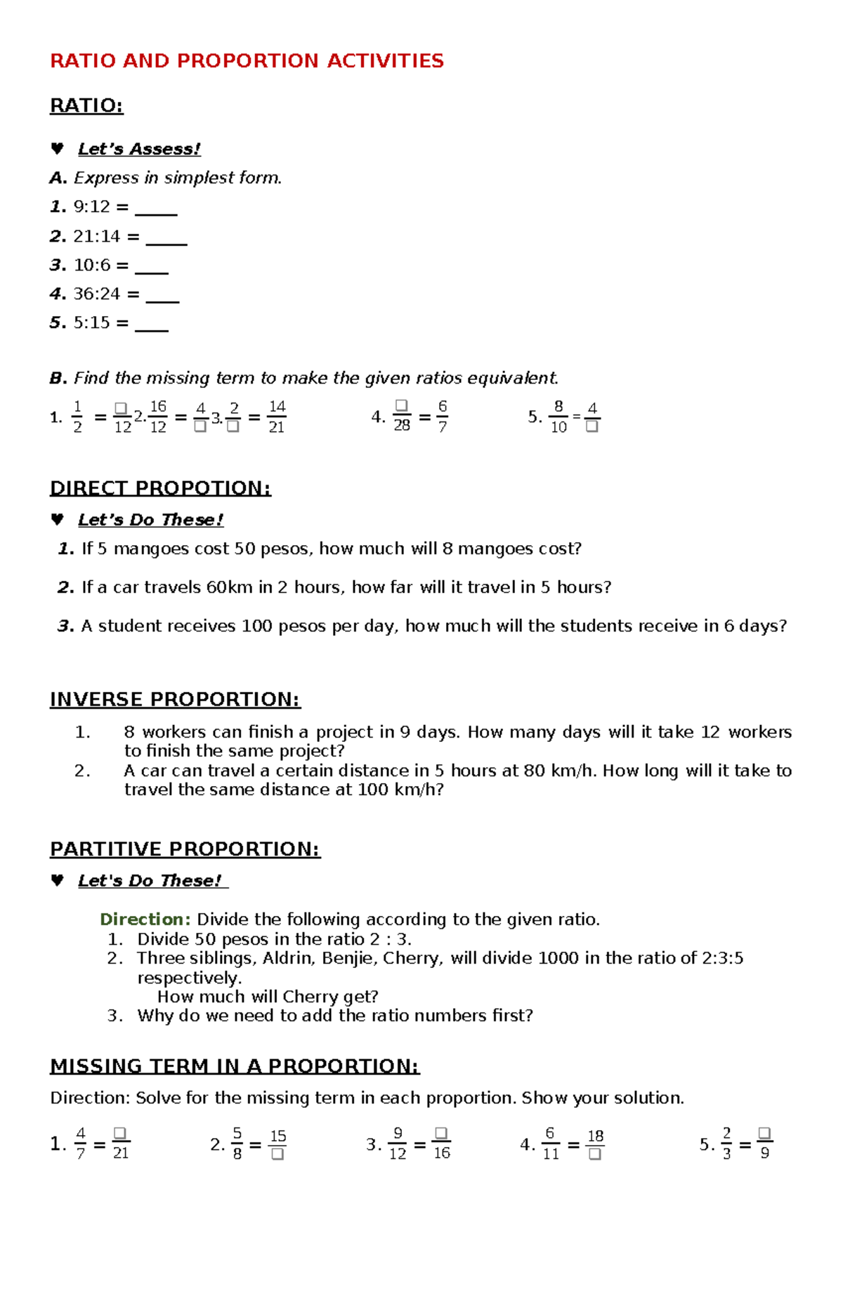 RATIO AND PROPORTION ACTIVITIES: Practice Problems and Solutions - Studocu