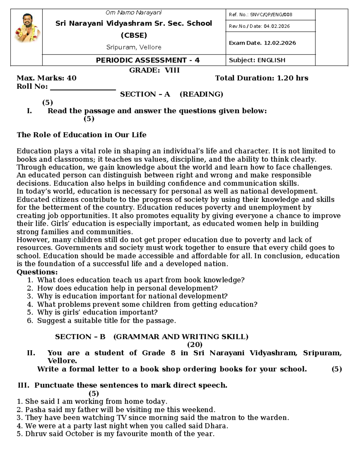 Grade 8A ENGLISH Periodic Assessment 4 Question Paper - Studocu
