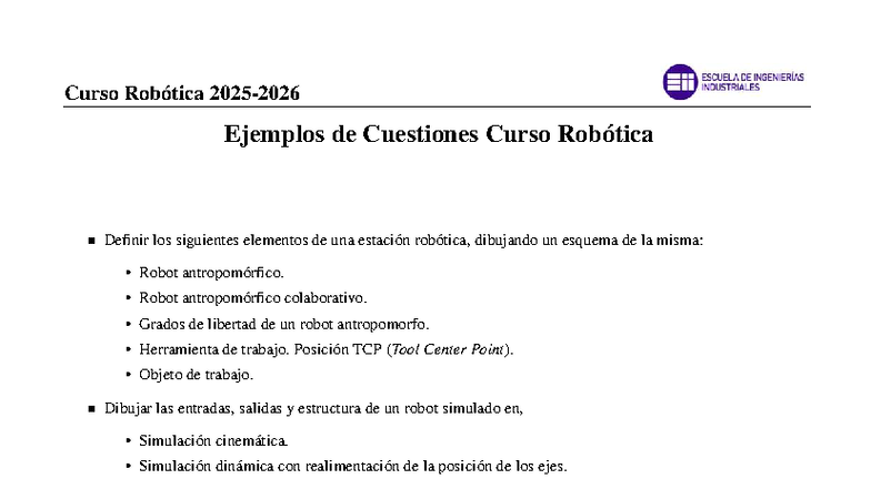 Cuestiones de Robótica: Definición y Esquemas de Robots - Studocu