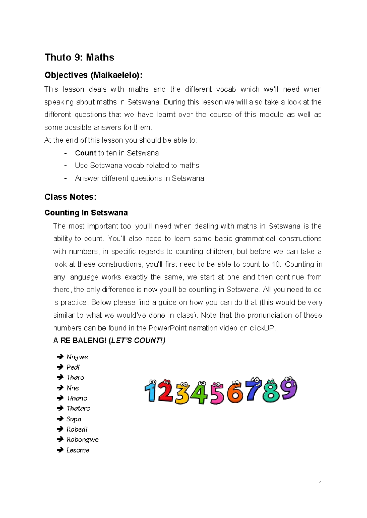Thuto 9: Maths Vocabulary & Counting in Setswana - Class Notes - Studocu