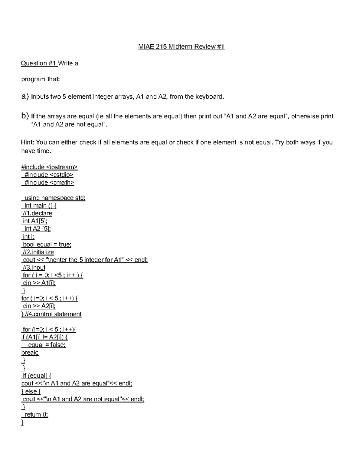 MIAE 215 Midterm Review: Comparing Two Integer Arrays - Studocu