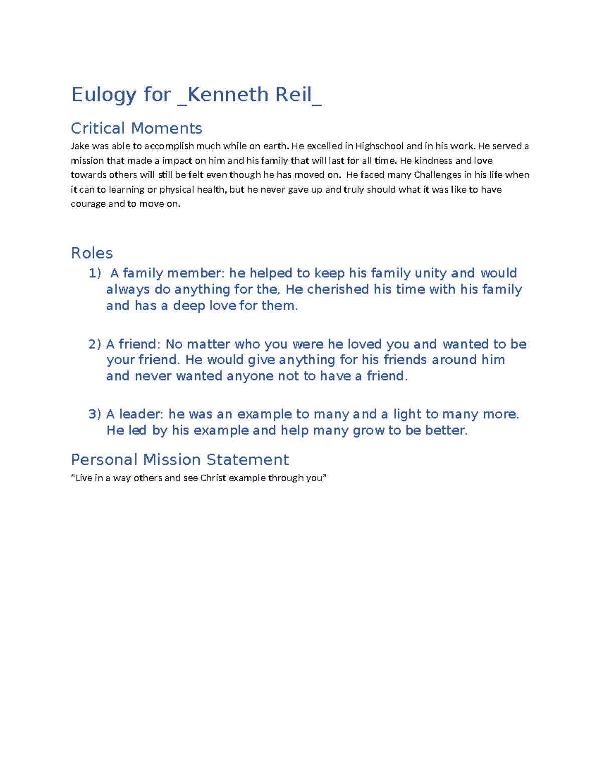 W02 Activity: Personal Eulogy for Kenneth Reil - Studocu