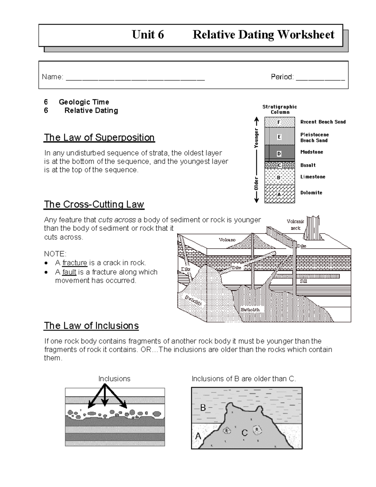 Relative dating worksheet - SW Science 10 Unit 6 Relative Dating ...