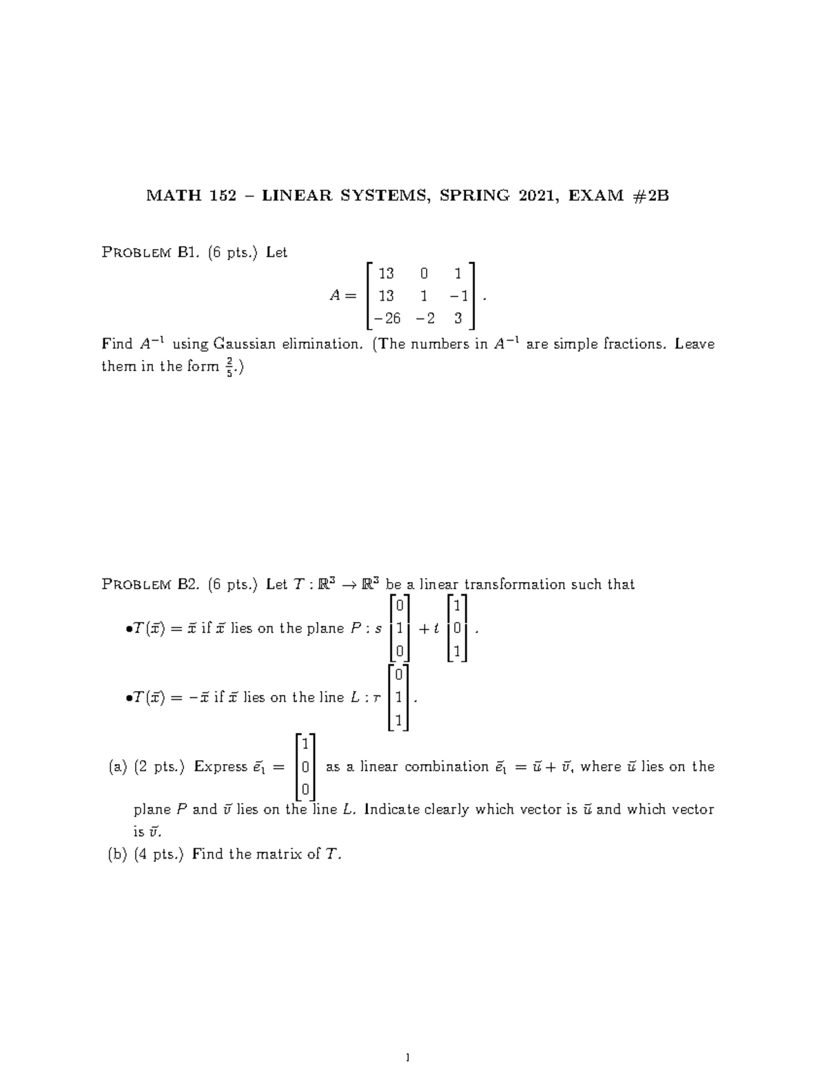 MATH 152 - Exam #1A Solutions for Linear Systems, Spring 2021 - Studocu