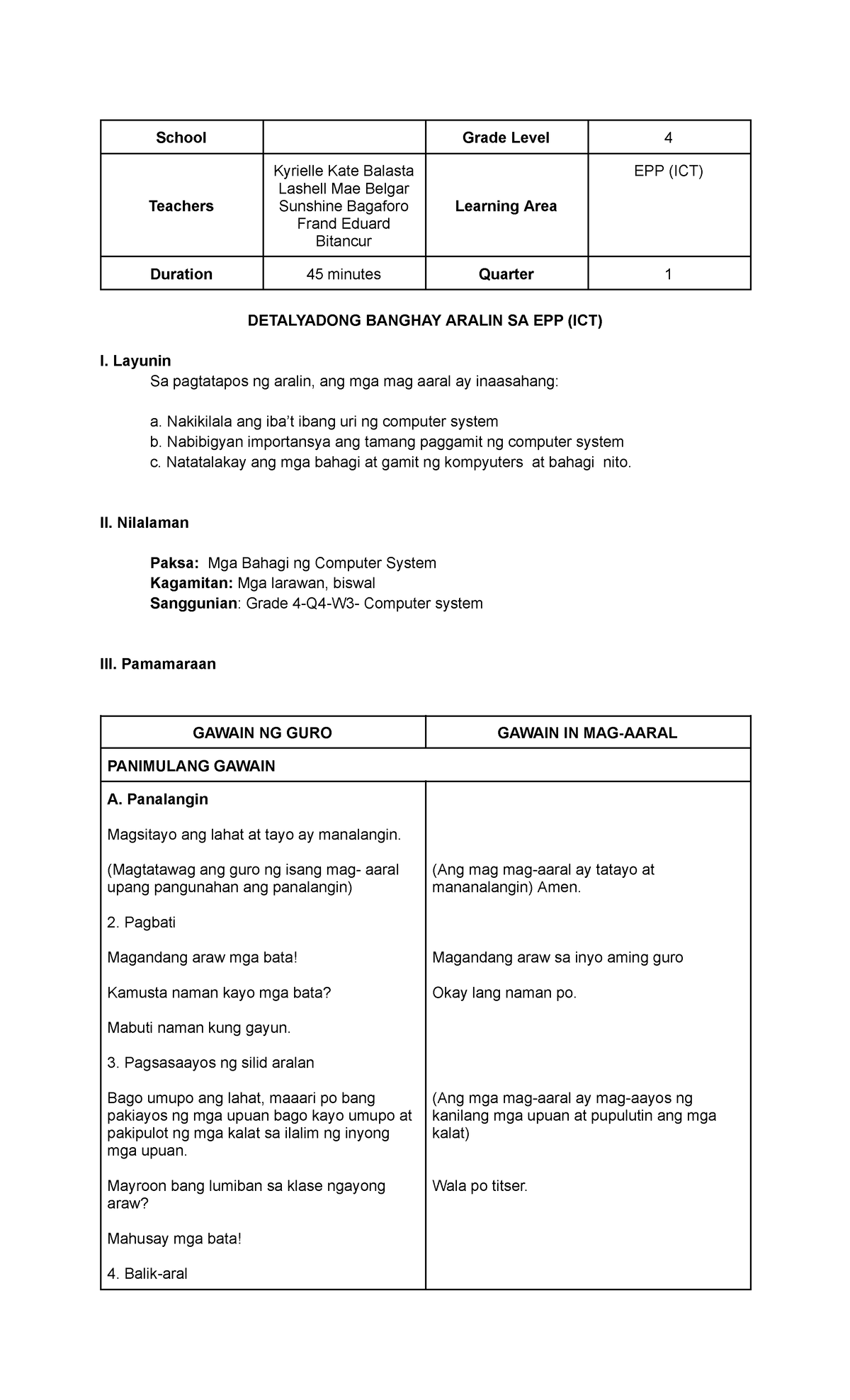 Balasta LP - SAMPLE LP - School Grade Level 4 Teachers Kyrielle Kate ...