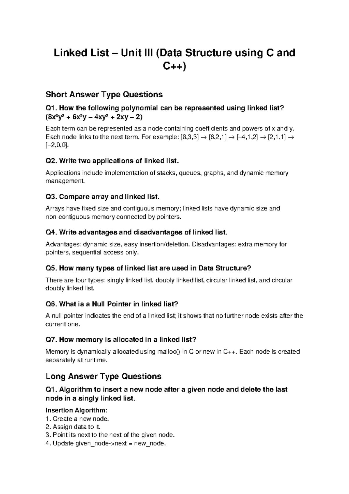 Linked List Notes BCA: Key Concepts and Short Answer Q&A - Studocu