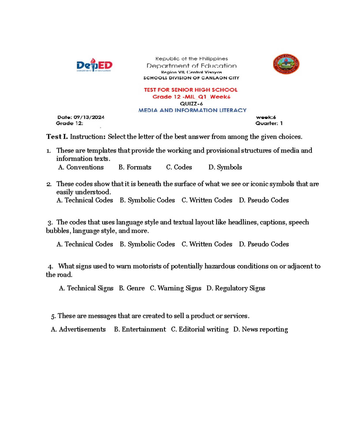 MIL Q1 Week 6 - Quiz 6 on Media Codes and Signs - Studocu