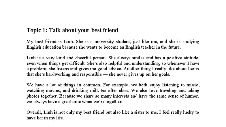 Topic TACB 2 - noinformationh - Topic 1: Talk about your best friend My ...