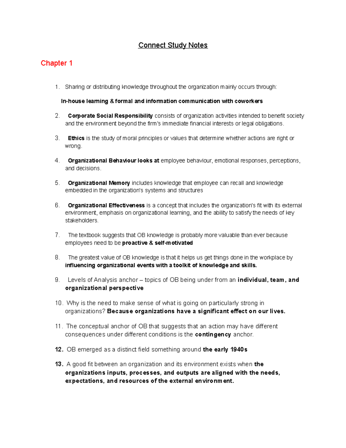 Organizational Behavior Study Notes (Course Code: OB101) - Chapters 1-4 ...