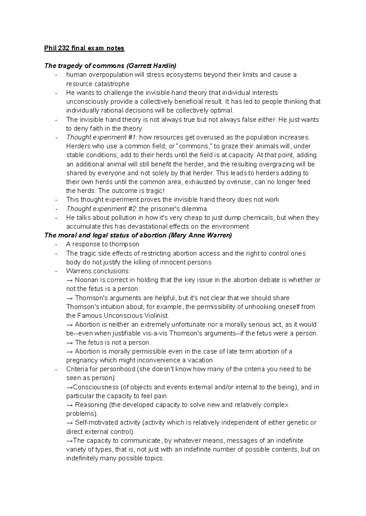 Phil 232 Final Exam Study Notes on Abortion & Moral Philosophy - Studocu