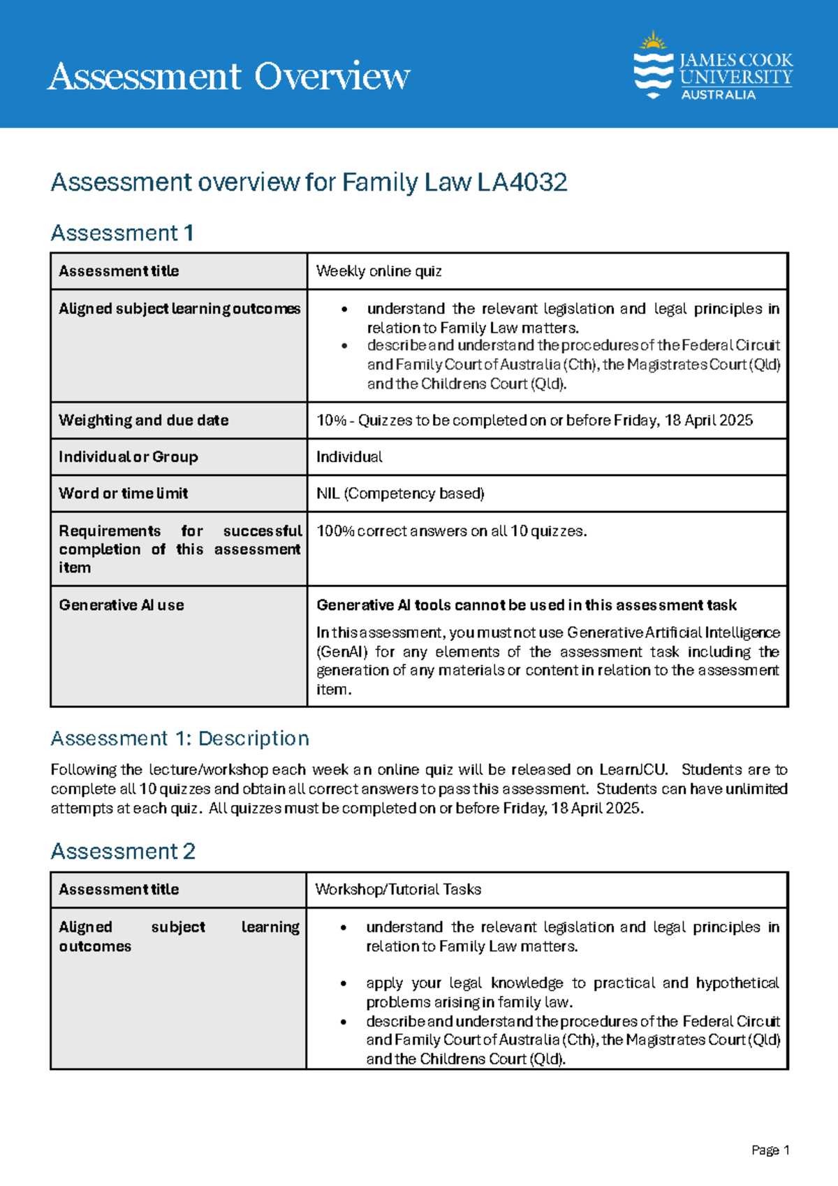 Family law LA4032 assessment overview: Weekly quizzes and exam details ...