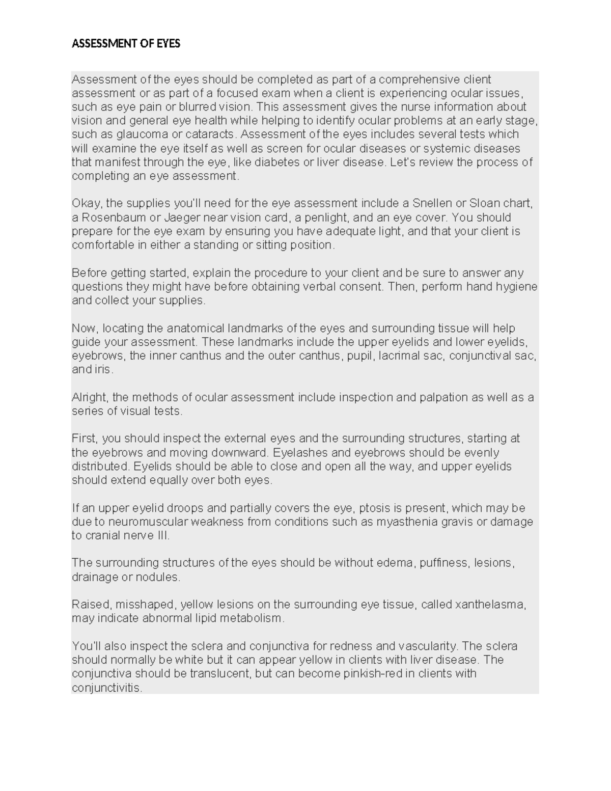 NUR 101 - Eye Assessment Notes and Techniques for Ocular Health - Studocu