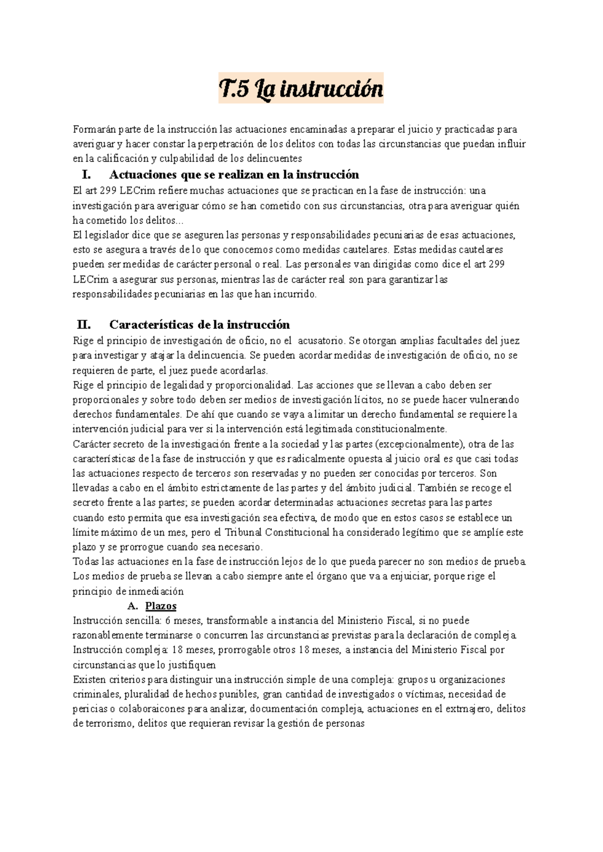 Tema 5: La Instrucción en el Proceso Penal según LECrim - Studocu