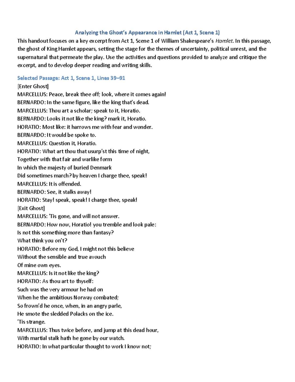 Hamlet (ENG 201): Analysis of the Ghost in Act 1, Scene 1 - Studocu