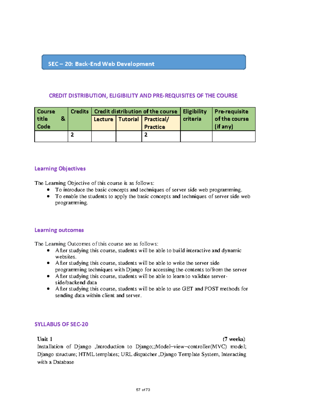 SEC-20 Back-End Web Development Course Syllabus Overview - Studocu