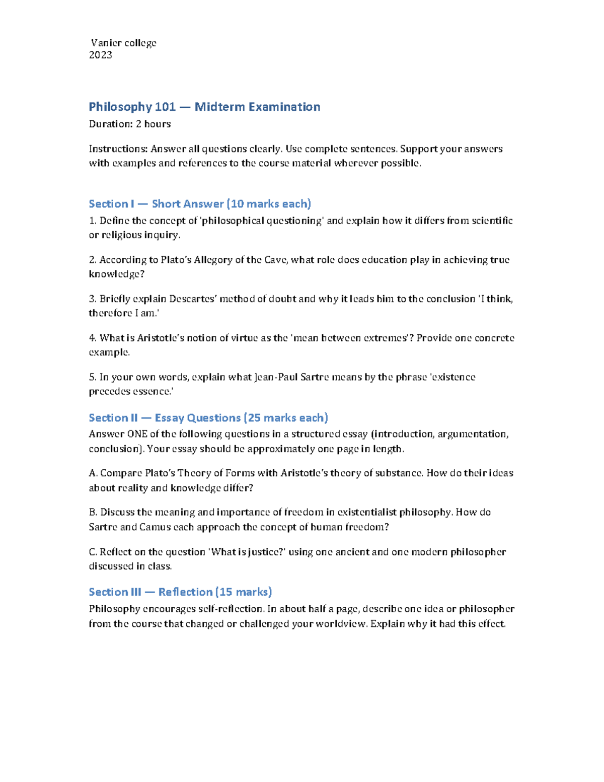Philosophy 101 - Midterm Exam Guide for Vanier College 2023 - Studocu