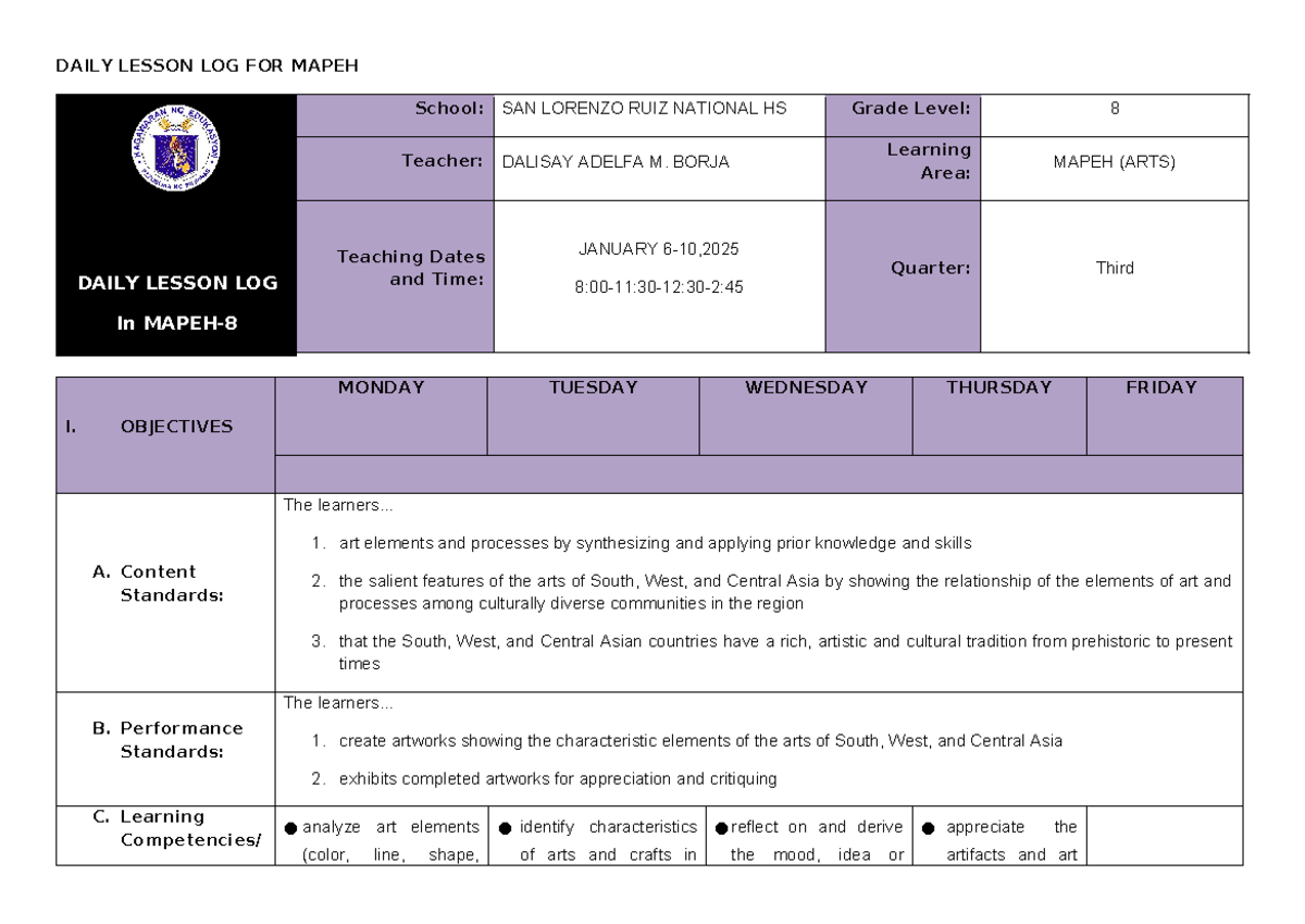 Q3-DLL ARTS 8 Wk1 - xmhvaefugahiwekasl.z - DAILY LESSON LOG FOR MAPEH ...