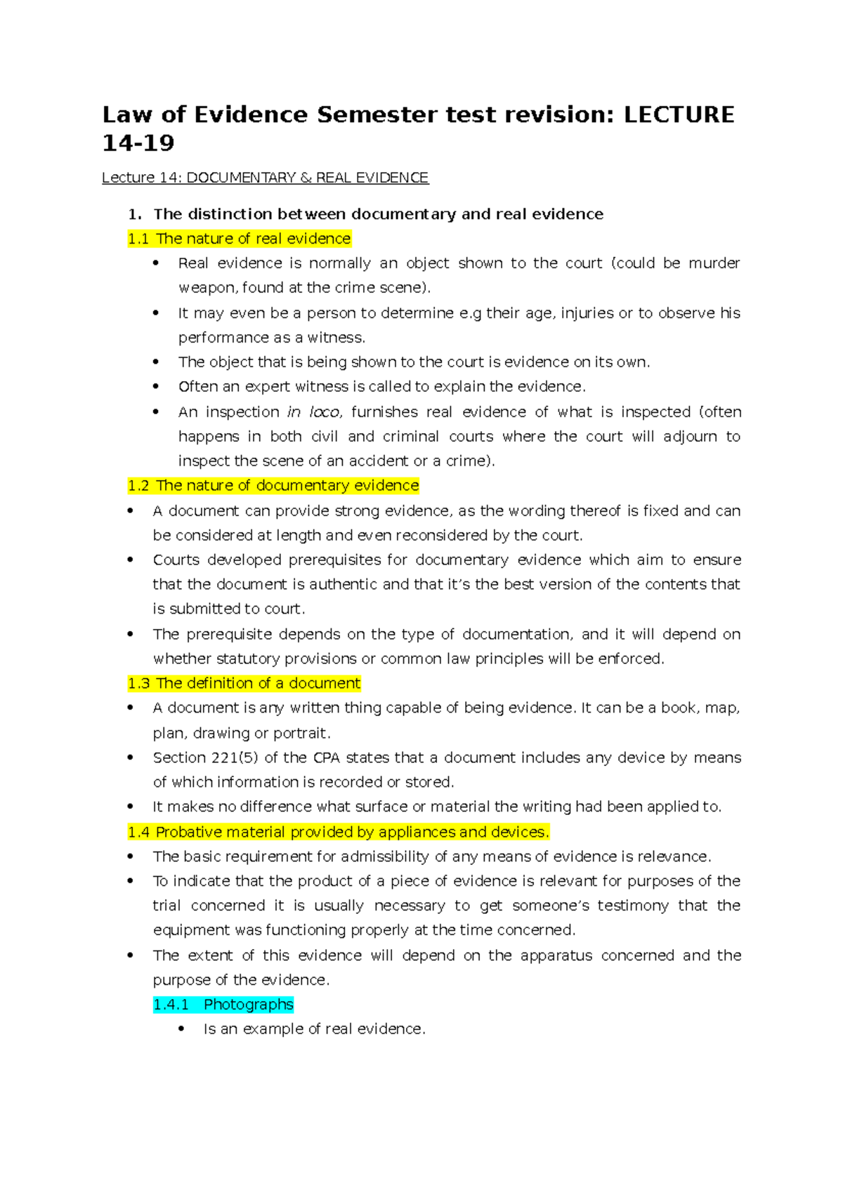 Law of Evidence Exam Review: Lecture Notes on Evidence Types - Studocu