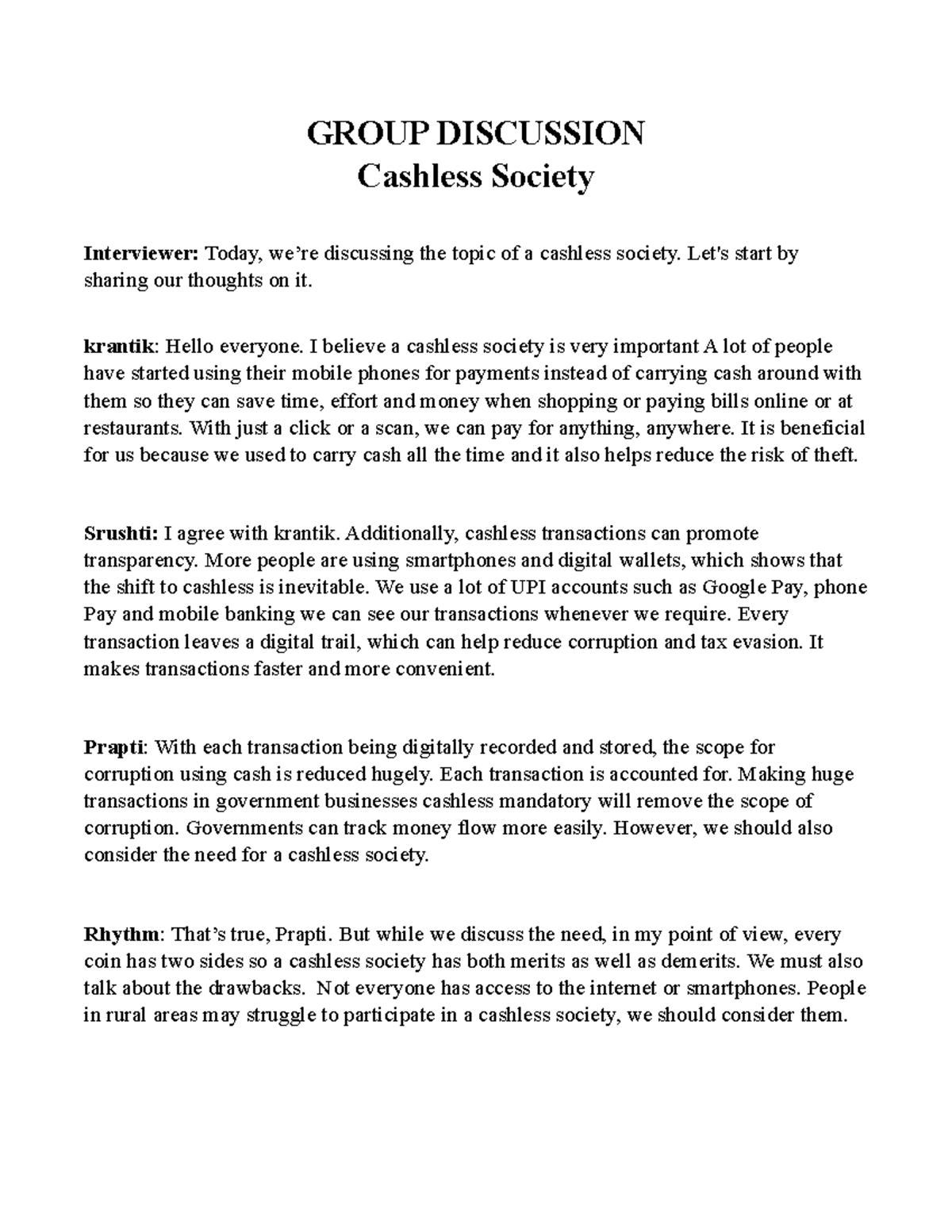 Group Discussion - Cashless Society Insights and Concerns (ABC) - Studocu