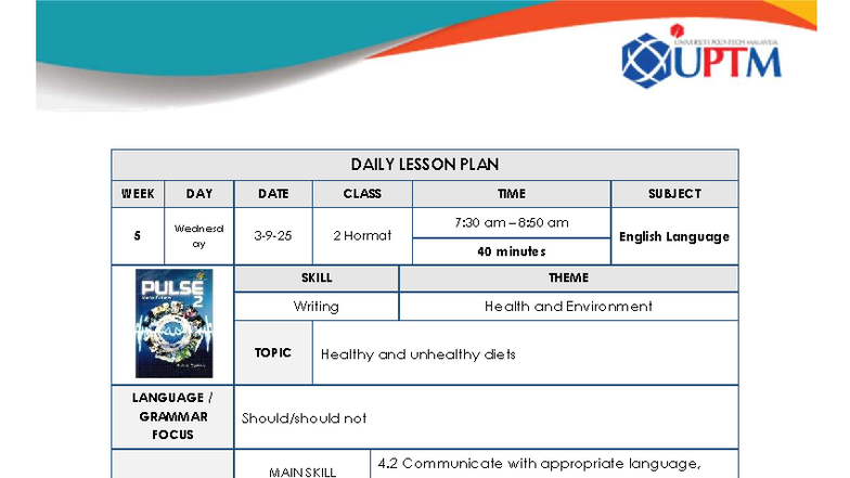 DAILY LESSON PLAN: CLASS 5 - LANGUAGE GRAMMAR FOCUS - Studocu