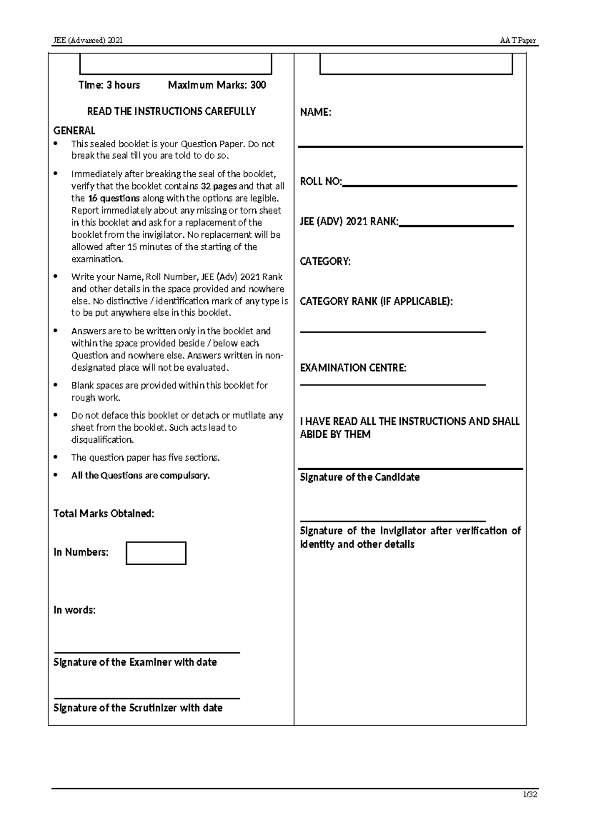 AAT-2021 - Aat - Time: 3 hours Maximum Marks: 300 READ THE INSTRUCTIONS ...