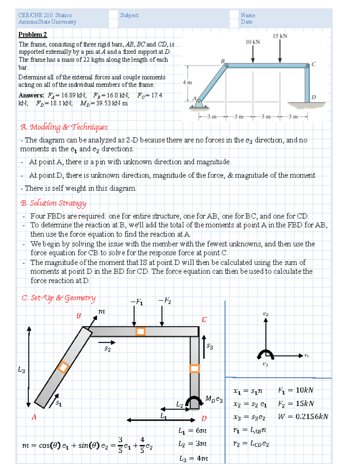 CEE/CNE 210 Statics Problem 2: Analysis of External Forces and Moments ...