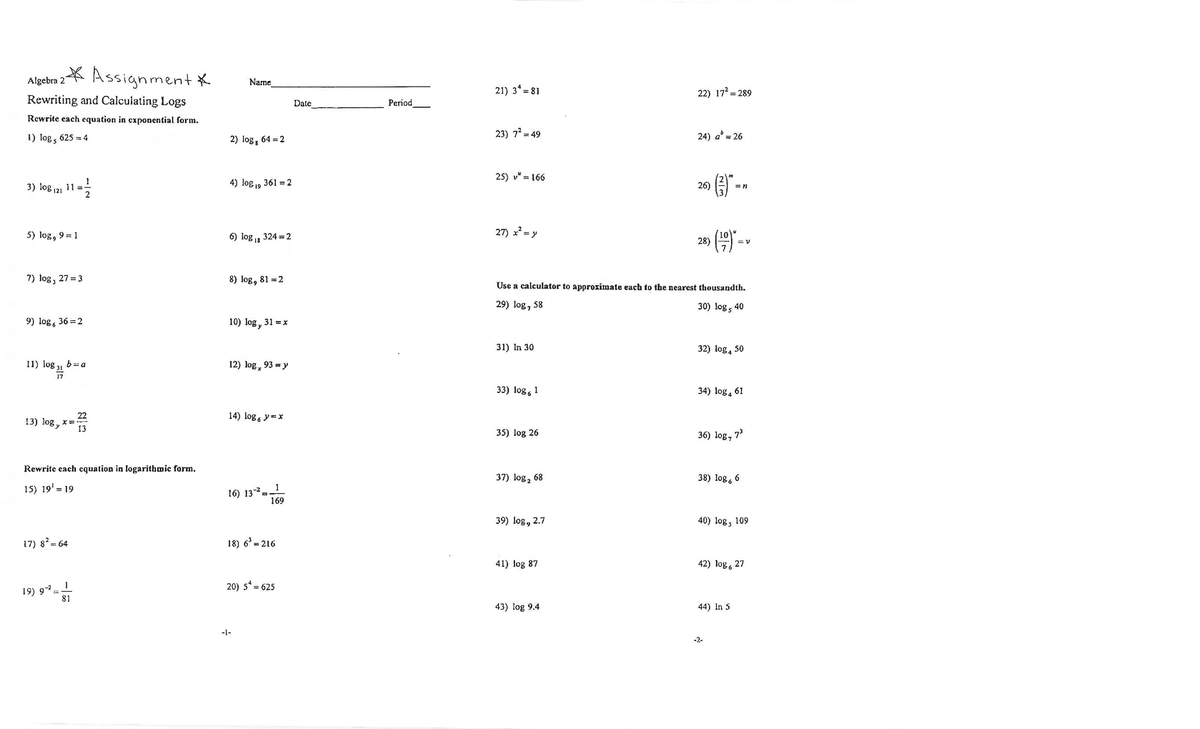 Algebra 2: Logarithmic and Exponential Equations Practice - Studocu