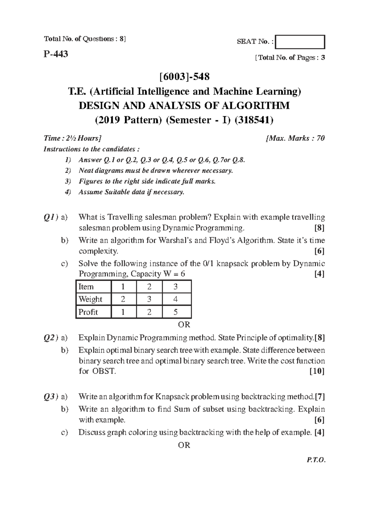 T.E. (Artificial Intelligence and Machine Learning) exam question paper ...