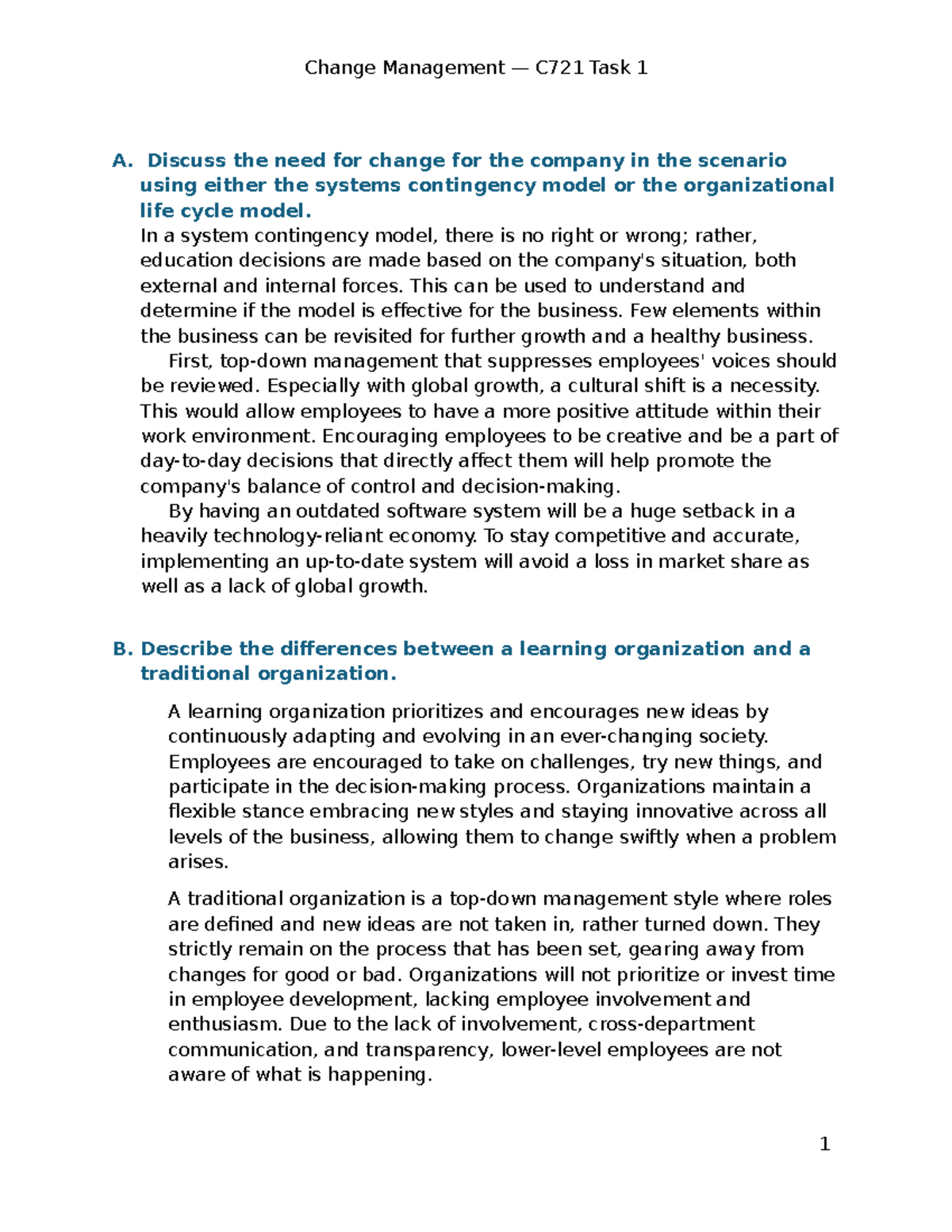C721 Assessment: Transforming Traditional Organizations to Learning ...