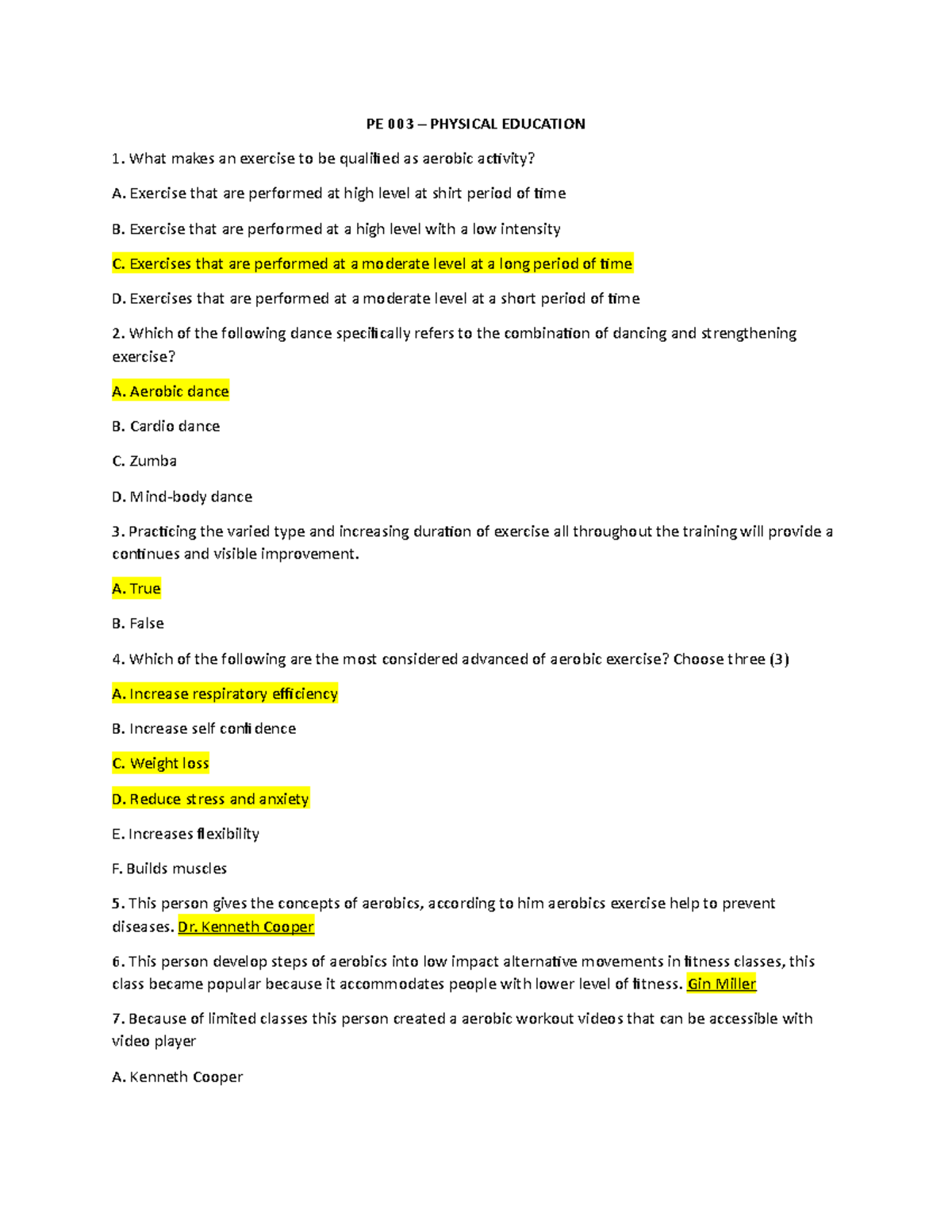 PE 003 - Physical Education Quiz with Complete Answers - Studocu