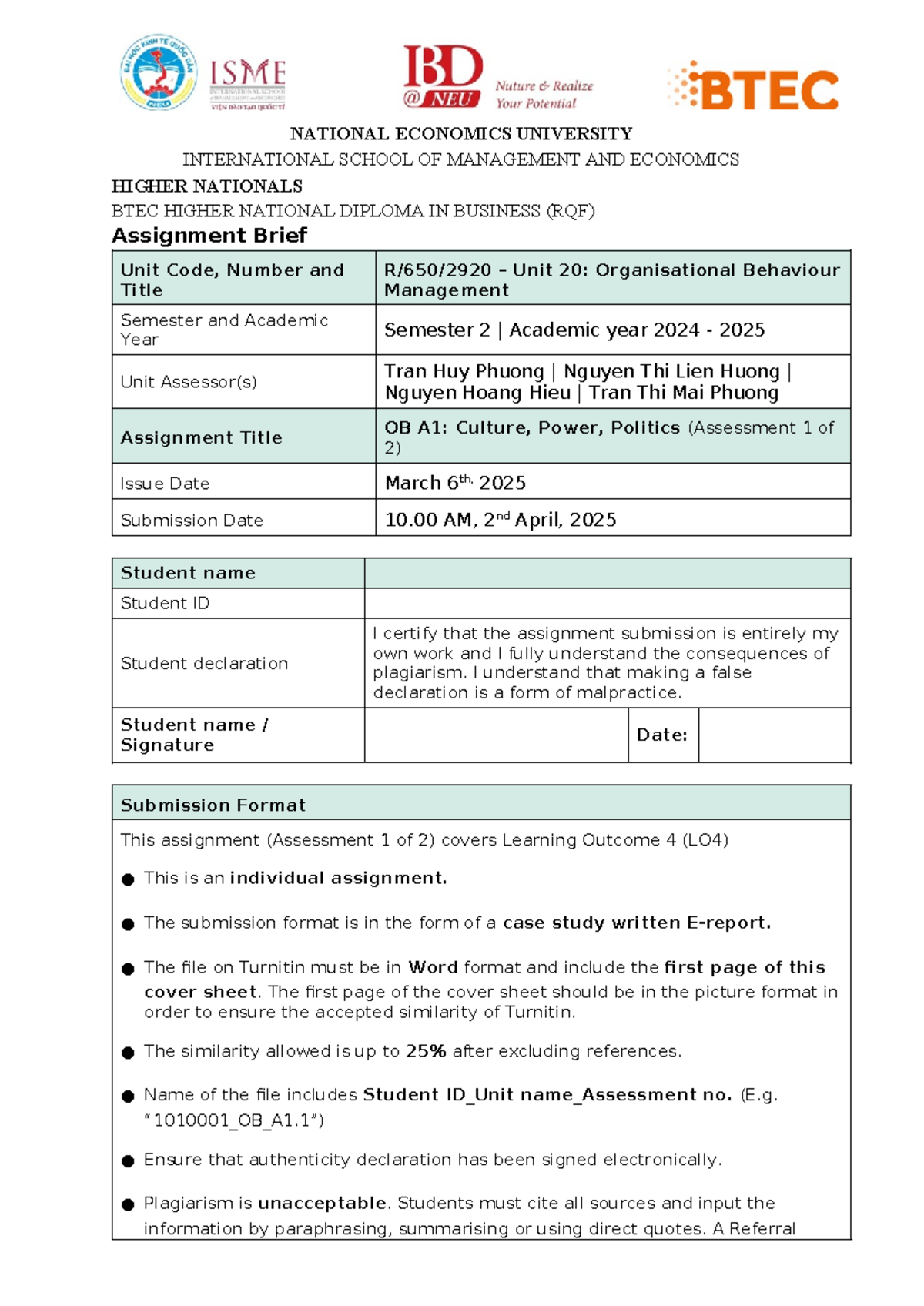 OB A1: Culture, Power, Politics - Assignment Brief (Unit 20) - Studocu