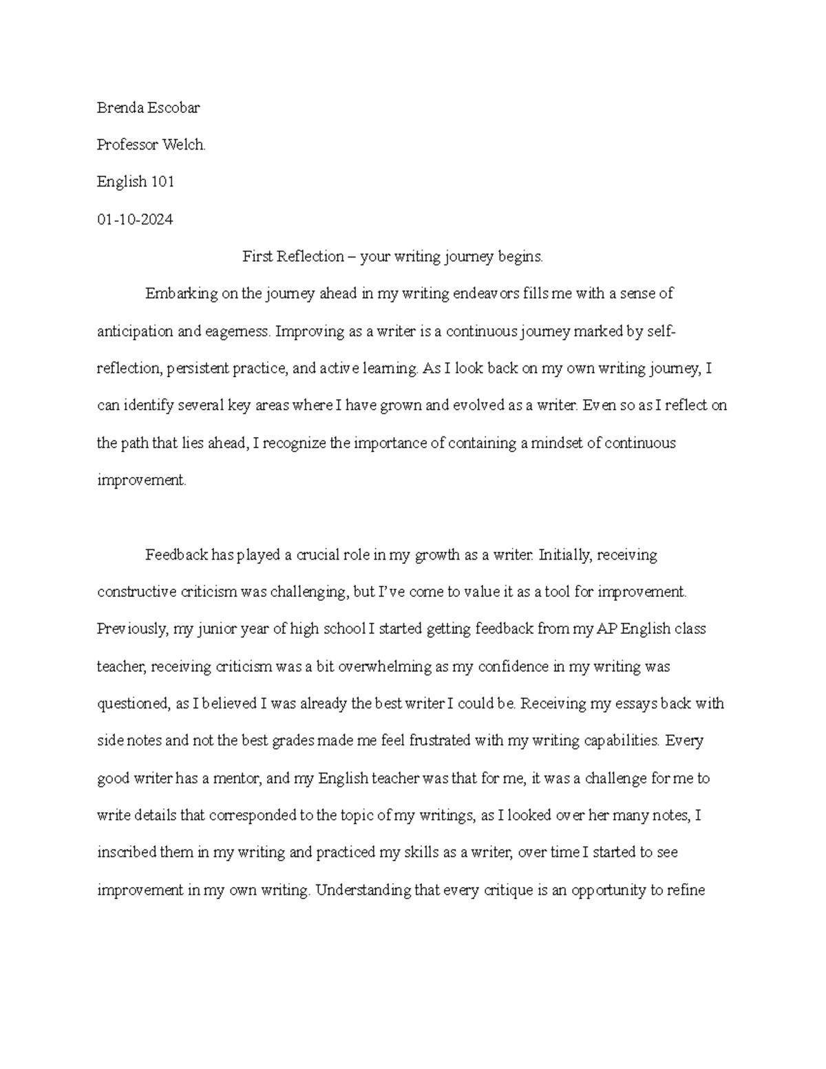 English 101: First Reflection on My Writing Journey and Growth - Studocu