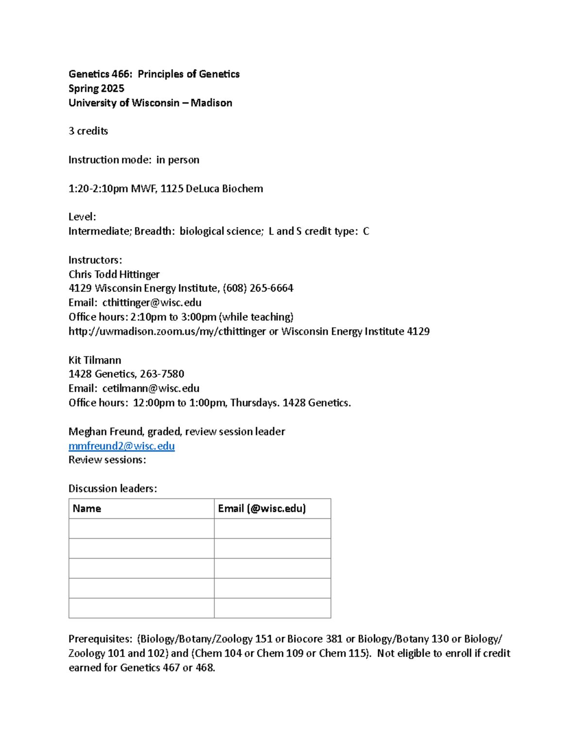Genetics 466: Principles of Genetics Syllabus Spring 2025 - Studocu