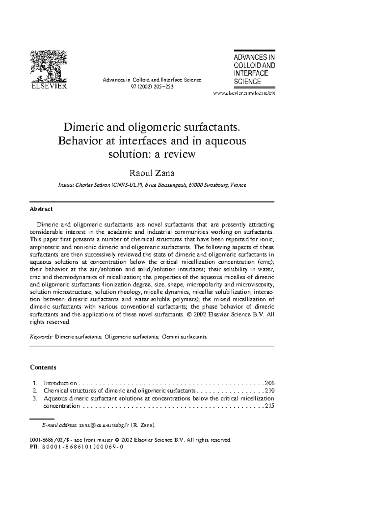 Advances in Colloid and Interface Science 97: Dimeric Surfactants ...